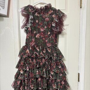 Joyfolie Mia Joy Anouk Dress Burgundy Green Floral Lace Tiered | Size 14 | NWT